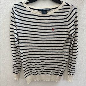 Ralph Lauren Cream and Navy Striped Light Weight Crew Neck Sweater